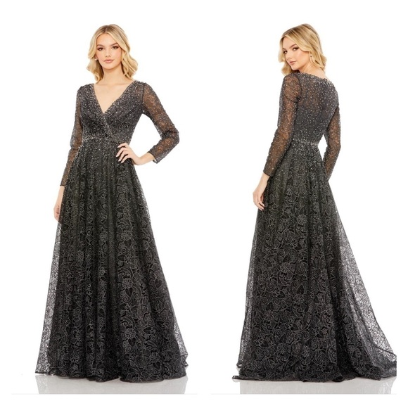 Mac Duggal 20372 NWT EMBELLISHED ILLUSION LONG SLEEVE V NECK GOWN - Picture 1 of 8